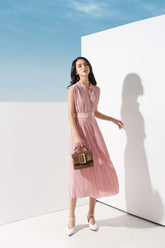 Pleated midi dress in lightweight silk with wide waistband and cap sleeves